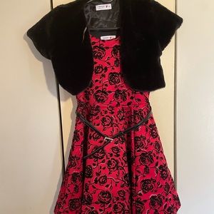 Belted Floral Skater Dress & Faux-Fur Jacket Set
